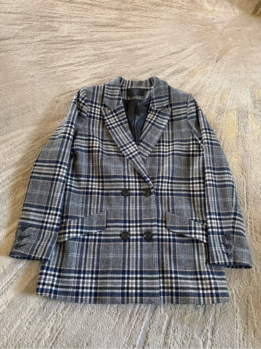 Ikks Wool coat blazer black blue cream plaid checkered medium